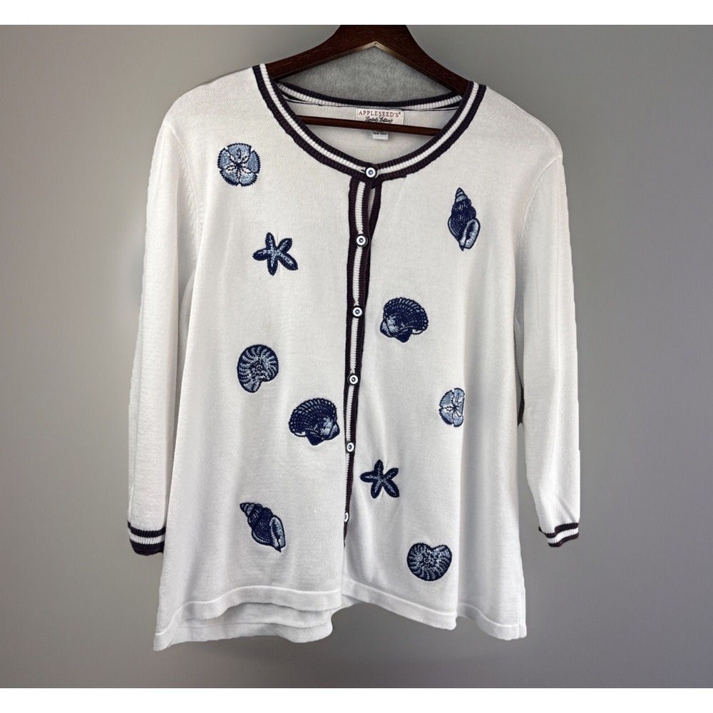 Appleseeds Cardigan PXL Embroidered Shells White Blue Beach Shore Cotton *Read